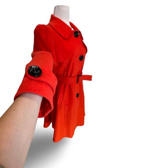 Red Princess Fit and Flare Wool Coat with Belt and Black Rose Buttons Size S/M - Picture 3 of 8